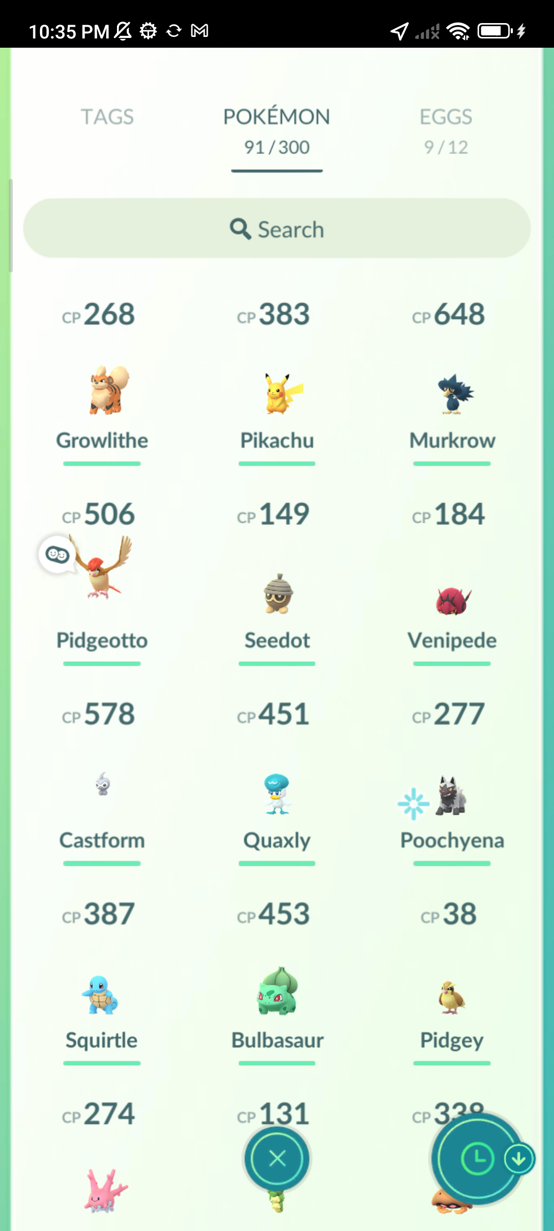 The Pokemon GO collection, with the most recently caught Pokemon in the top-left cell
